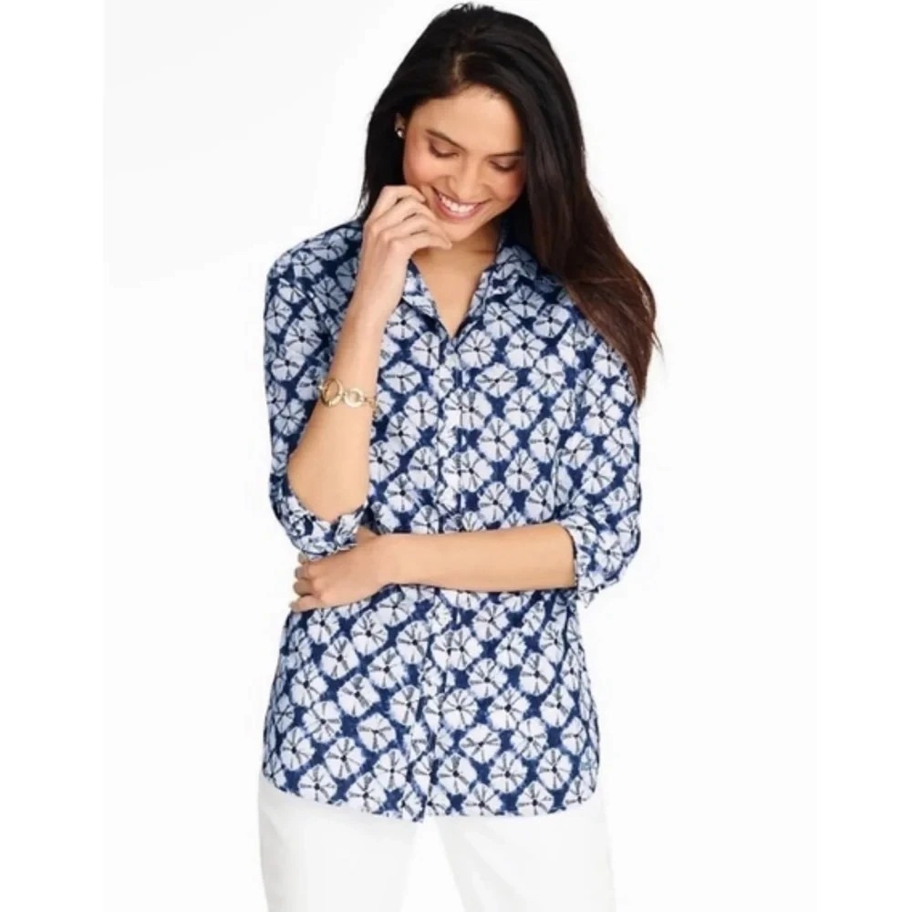 Talbots Floral Button-Down Shirt Womens SP Navy Ivory Cotton Long Sleeve